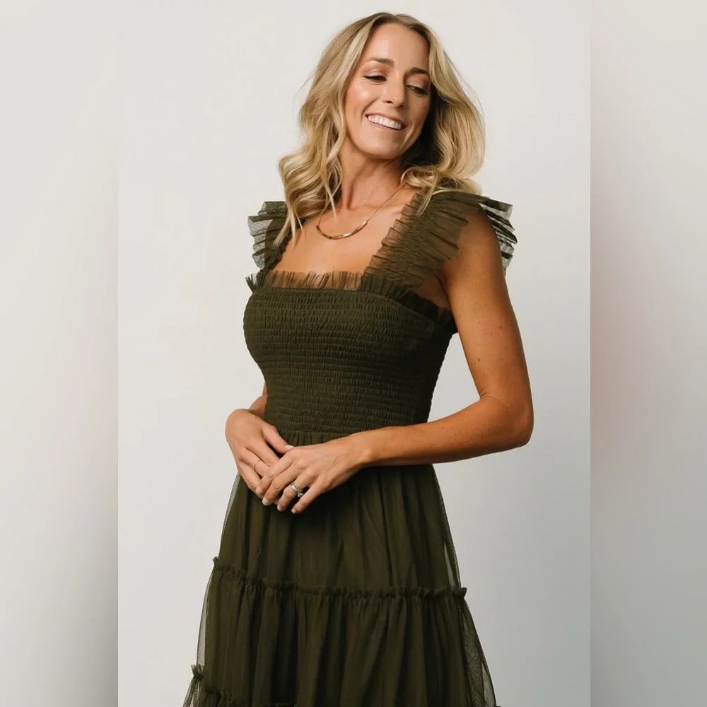 Baltic Born Olive Midi Dress with Ruffles - Picture 2 of 4